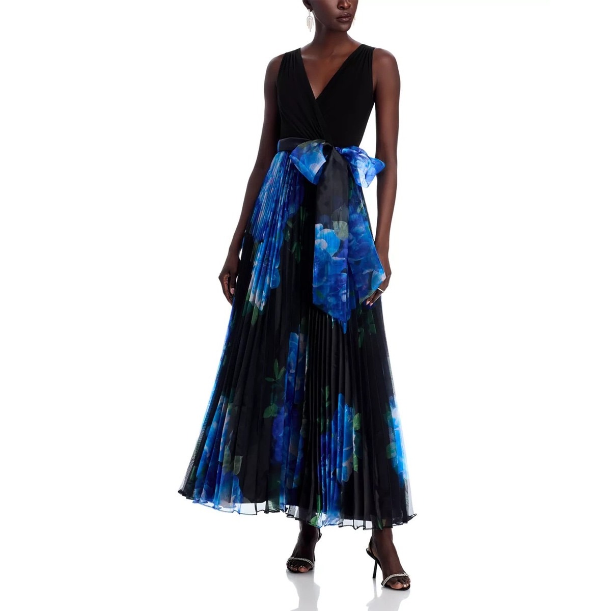 New Eliza J Women 16w Maxi Dress Black Blue Floral Pleated Organza Gown Formal
